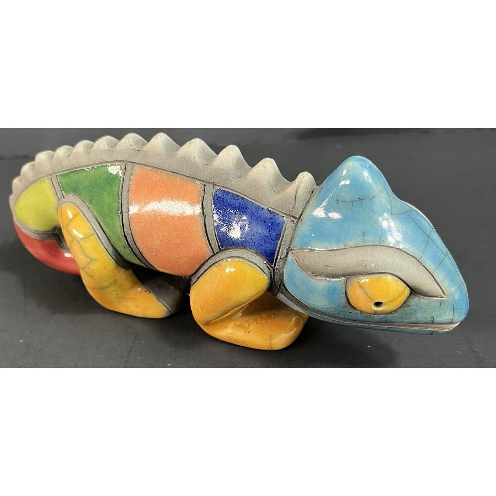Vintage Colorful Raku Pottery Iguana Chameleon Clay Art South Africa 7”